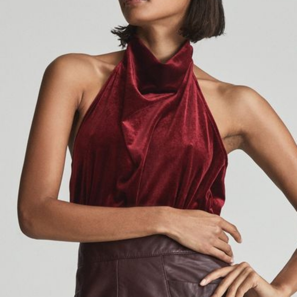 Reiss Kimberley Sleeveless Velvet Bodysuit Cowl Neck Open Back Red Medium M